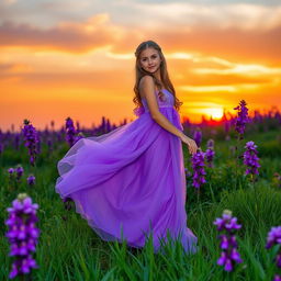 A beautiful girl wearing a flowing purple dress, surrounded by vibrant purple flowers