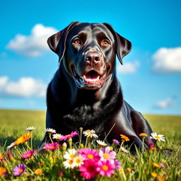 A realistic portrait of a black Labrador Retriever, showcasing its shiny, sleek fur and expressive eyes