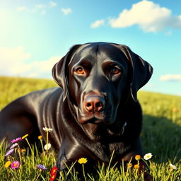 A realistic portrait of a black Labrador Retriever, showcasing its shiny, sleek fur and expressive eyes