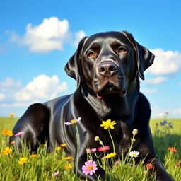 A realistic portrait of a black Labrador Retriever, showcasing its shiny, sleek fur and expressive eyes
