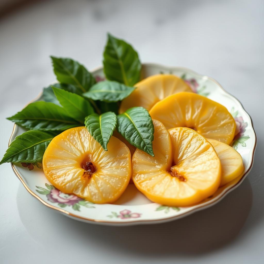 A beautifully arranged plate with sliced pieces of quince artistically displayed