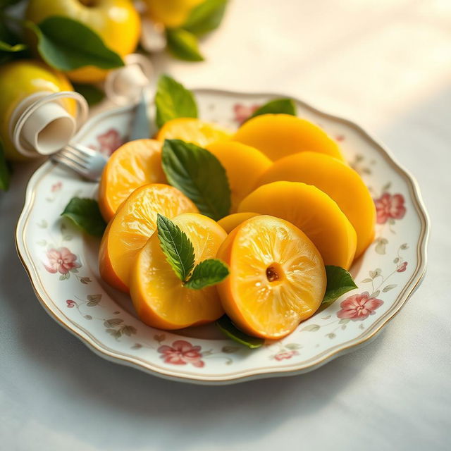 A beautifully arranged plate with sliced pieces of quince artistically displayed