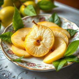 A beautifully arranged plate with sliced pieces of quince artistically displayed