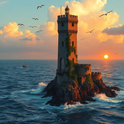 A tall, majestic tower stands proudly on a rocky outcrop extending into the deep blue sea, surrounded by crashing waves