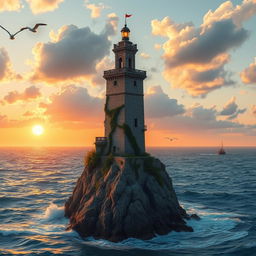 A tall, majestic tower stands proudly on a rocky outcrop extending into the deep blue sea, surrounded by crashing waves