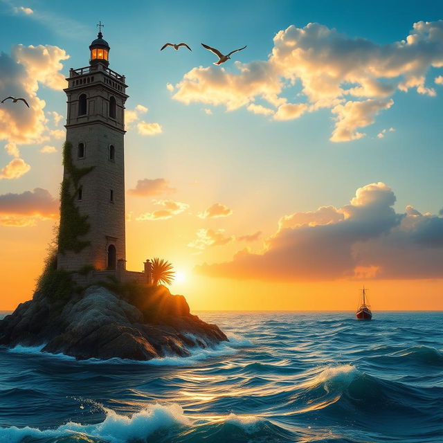 A tall, majestic tower stands proudly on a rocky outcrop extending into the deep blue sea, surrounded by crashing waves