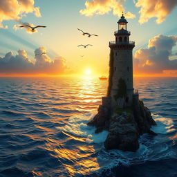 A tall, majestic tower stands proudly on a rocky outcrop extending into the deep blue sea, surrounded by crashing waves
