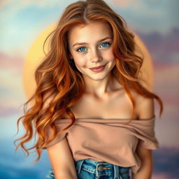 A stylish teenage girl with beautiful auburn hair, flowing down in loose curls