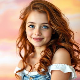 A stylish teenage girl with beautiful auburn hair, flowing down in loose curls