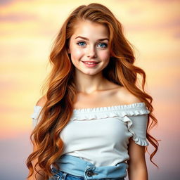 A stylish teenage girl with beautiful auburn hair, flowing down in loose curls