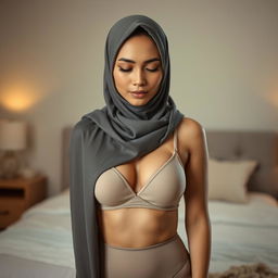 A graceful Malay woman in a hijab, elegantly posed in a mid shot portrait