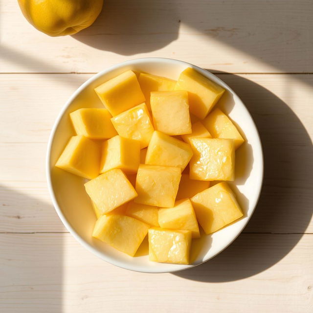 A close-up image of a white ceramic plate filled with beautifully cut square pieces of ripe quince, showcasing their creamy yellow flesh