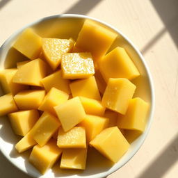 A close-up image of a white ceramic plate filled with beautifully cut square pieces of ripe quince, showcasing their creamy yellow flesh