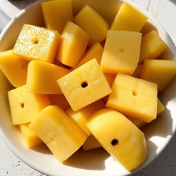 A close-up image of a white ceramic plate filled with beautifully cut square pieces of ripe quince, showcasing their creamy yellow flesh