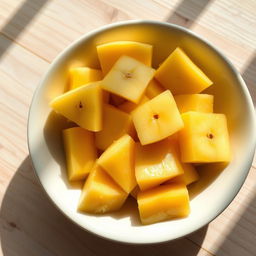 A close-up image of a white ceramic plate filled with beautifully cut square pieces of ripe quince, showcasing their creamy yellow flesh