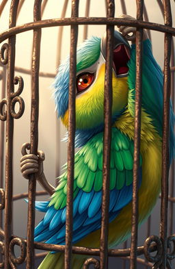 A close-up illustration of a colorful bird inside a cage, struggling to open its wings