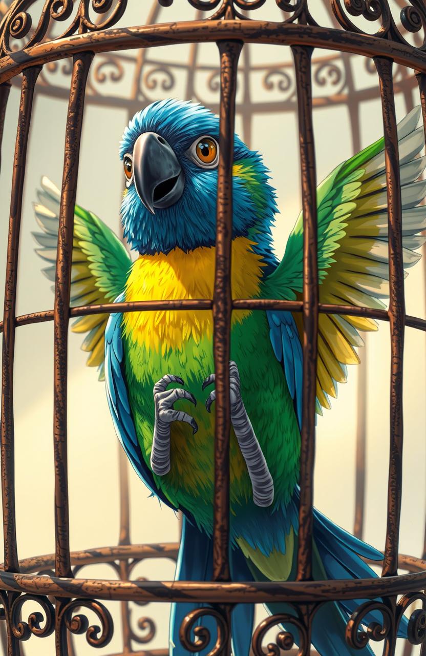 A close-up illustration of a colorful bird inside a cage, struggling to open its wings