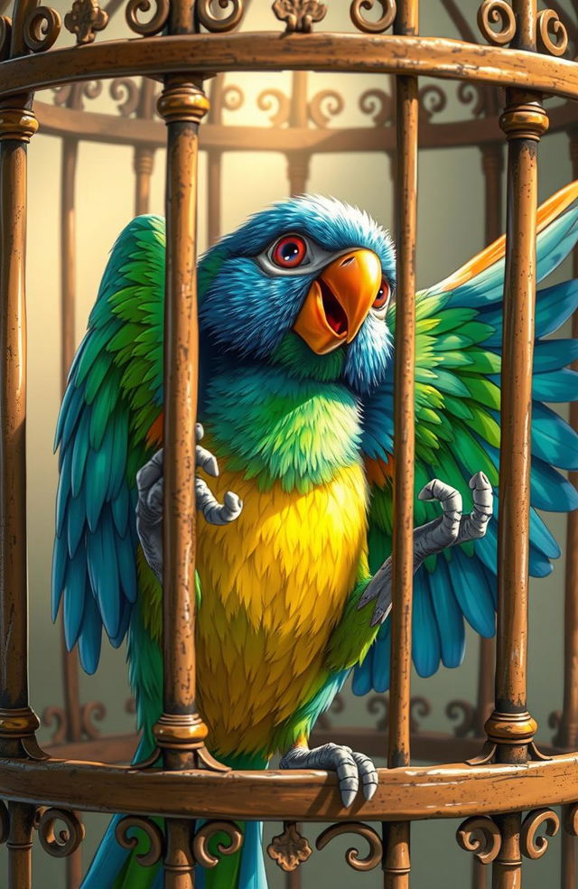 A close-up illustration of a colorful bird inside a cage, struggling to open its wings