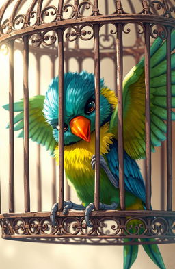 A close-up illustration of a colorful bird inside a cage, struggling to open its wings