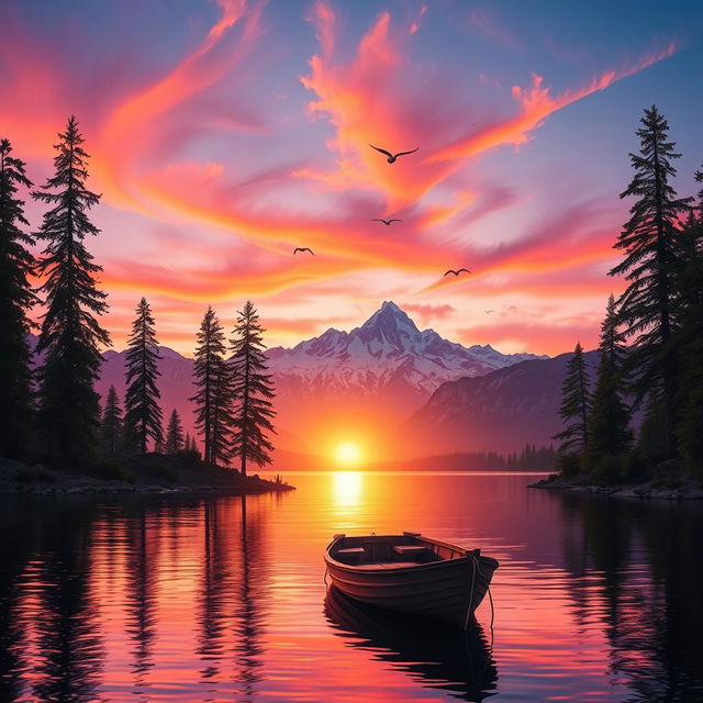 A serene landscape featuring a tranquil lake at sunset, with vibrant orange and purple hues reflecting on the water