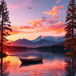 A serene landscape featuring a tranquil lake at sunset, with vibrant orange and purple hues reflecting on the water