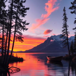 A serene landscape featuring a tranquil lake at sunset, with vibrant orange and purple hues reflecting on the water