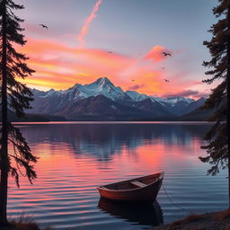 A serene landscape featuring a tranquil lake at sunset, with vibrant orange and purple hues reflecting on the water