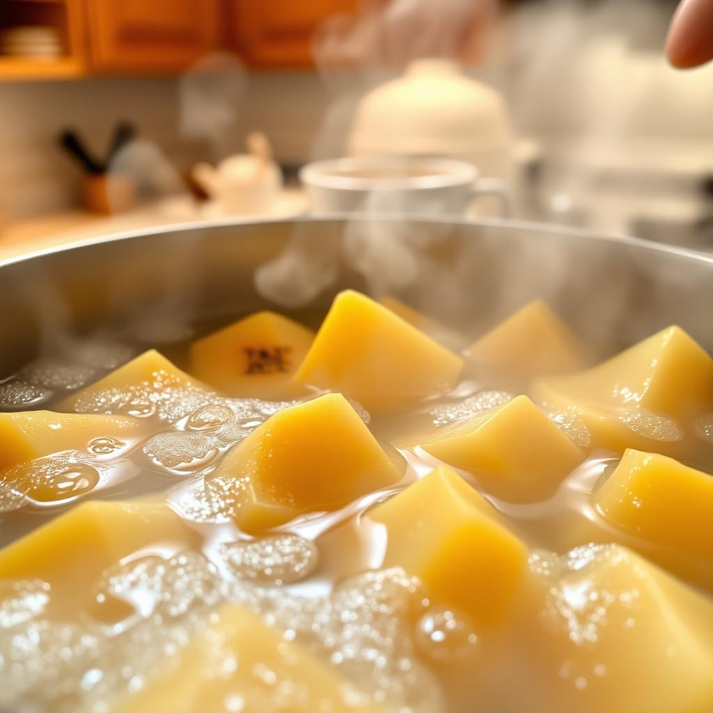 A close-up view of pieces of quince boiling in a pot, with vapor rising from the surface of the simmering liquid