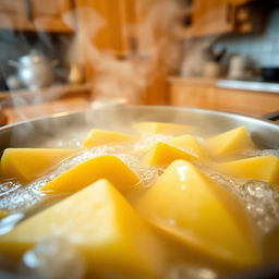 A close-up view of pieces of quince boiling in a pot, with vapor rising from the surface of the simmering liquid