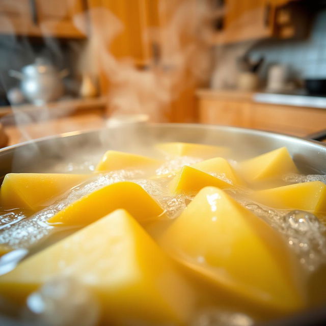 A close-up view of pieces of quince boiling in a pot, with vapor rising from the surface of the simmering liquid
