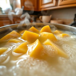 A close-up view of pieces of quince boiling in a pot, with vapor rising from the surface of the simmering liquid