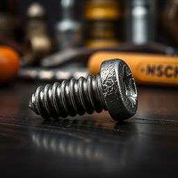 A beautifully detailed close-up image of a textured screw, with intricate grooves and a metallic sheen, lying on a dark, wooden surface