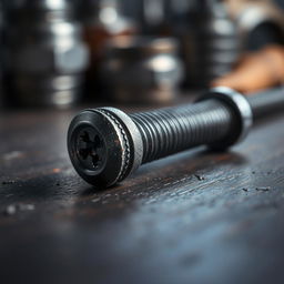 A beautifully detailed close-up image of a textured screw, with intricate grooves and a metallic sheen, lying on a dark, wooden surface