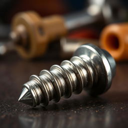A beautifully detailed close-up image of a textured screw, with intricate grooves and a metallic sheen, lying on a dark, wooden surface