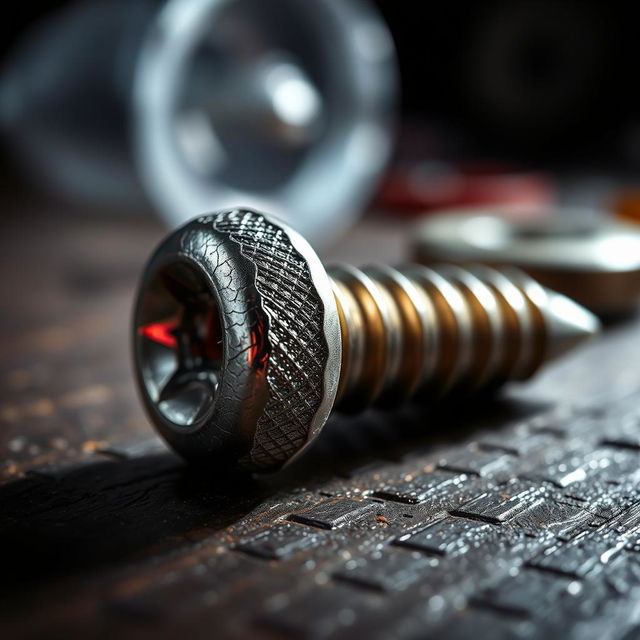 A beautifully detailed close-up image of a textured screw, with intricate grooves and a metallic sheen, lying on a dark, wooden surface