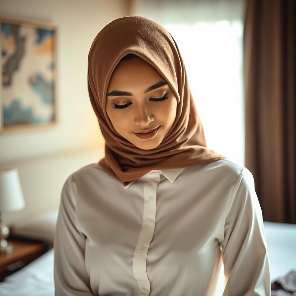 A graceful Malay woman wearing a hijab, elegantly posed in a mid shot portrait