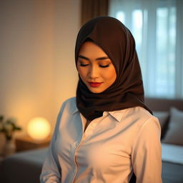 A graceful Malay woman wearing a hijab, elegantly posed in a mid shot portrait