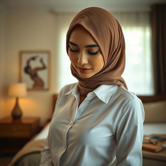 A graceful Malay woman wearing a hijab, elegantly posed in a mid shot portrait