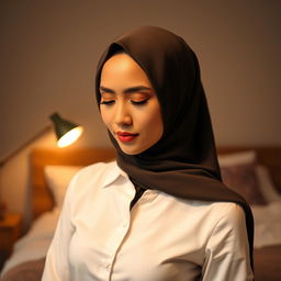 A graceful Malay woman wearing a hijab, elegantly posed in a mid shot portrait