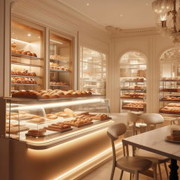 A modern Parisian style interior of a bakery cafe with a white color scheme, featuring elegant furniture, beautiful bright lighting, freshly baked pastries elegantly displayed in clear glass cases, and state-of-the-art coffee brewing appliances.