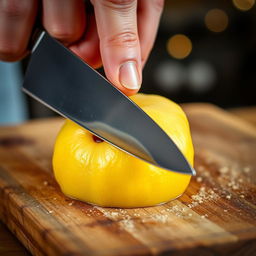 A close-up of a hand skillfully slicing a quince on a wooden cutting board