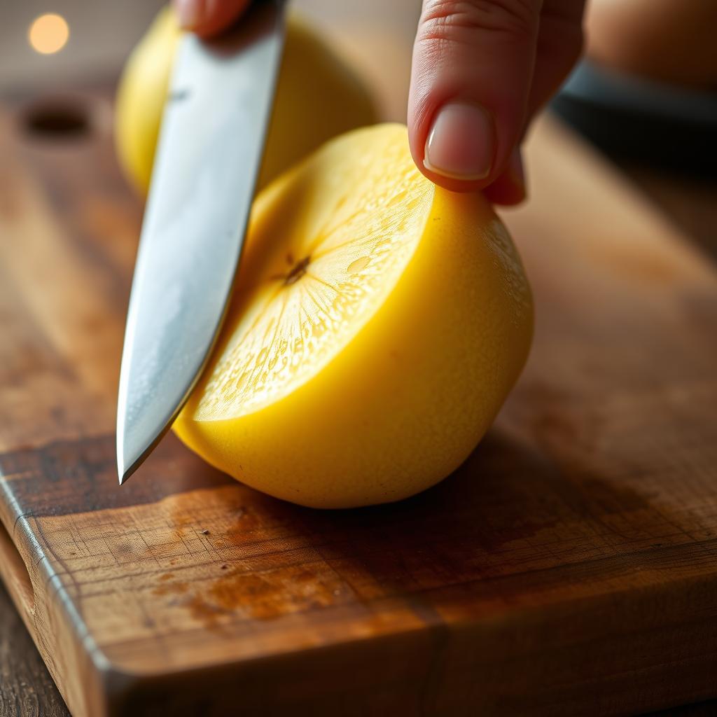 A close-up of a hand skillfully slicing a quince on a wooden cutting board
