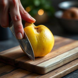 A close-up of a hand skillfully slicing a quince on a wooden cutting board