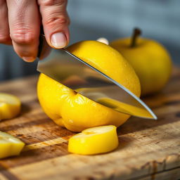 A close-up of a hand skillfully slicing a quince on a wooden cutting board