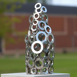 A creative sculpture made entirely from metallic washers, showcasing intricate designs and shapes