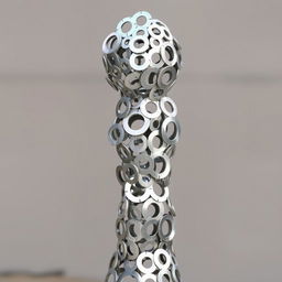 A creative sculpture made entirely from metallic washers, showcasing intricate designs and shapes