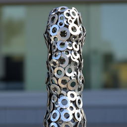 A creative sculpture made entirely from metallic washers, showcasing intricate designs and shapes