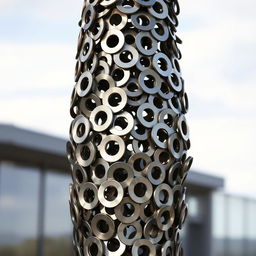 A creative sculpture made entirely from metallic washers, showcasing intricate designs and shapes