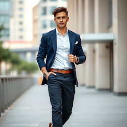 A fashionable young adult male with an athletic build, confidently dressed in a stylish outfit that complements his body type
