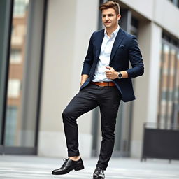 A fashionable young adult male with an athletic build, confidently dressed in a stylish outfit that complements his body type